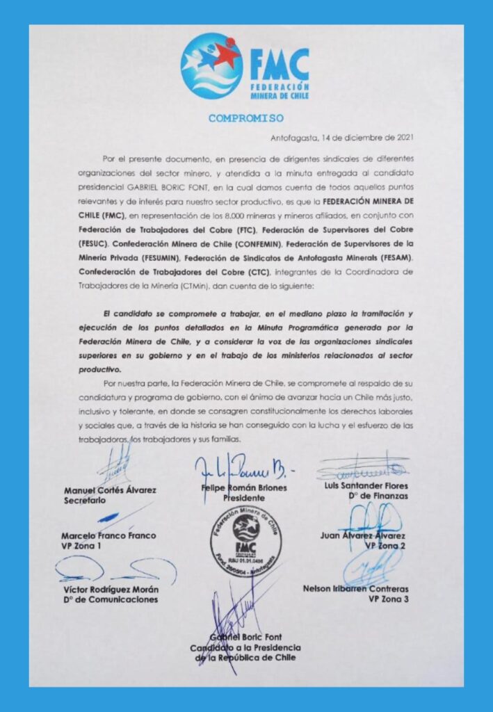 Acuerdo firmado por el presidente Boric y los gremios de la minería en diciembre de 2021, fecha en la que acordaron la ratificación del Convenio 176 de la OIT